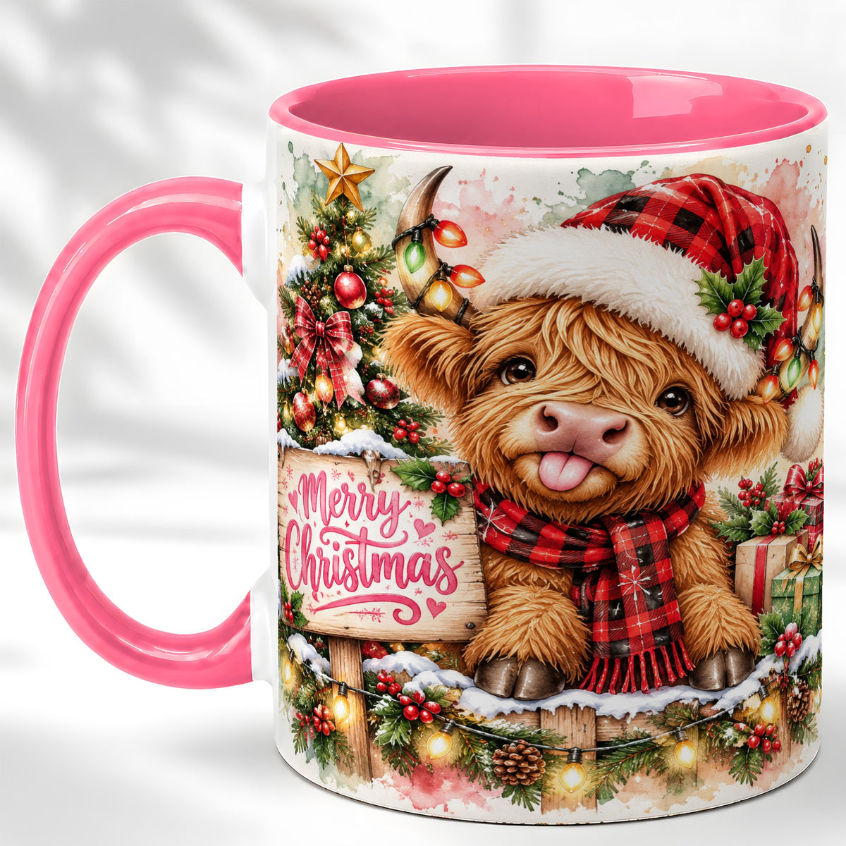 #pl[11oz|Pink] Watercolor Christmas Cow Coffee Mug, Highland Cow Mug, Ceramic Cup