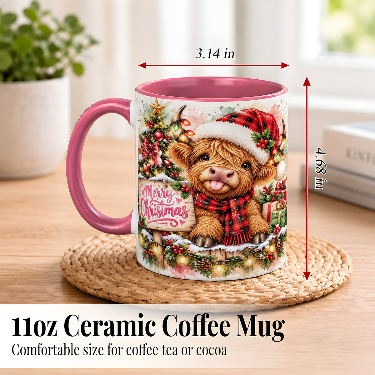 #pl[11oz|Pink] Watercolor Christmas Cow Coffee Mug, Highland Cow Mug, Ceramic Cup