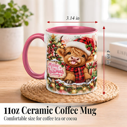 #pl[11oz|Pink] Watercolor Christmas Cow Coffee Mug, Highland Cow Mug, Ceramic Cup
