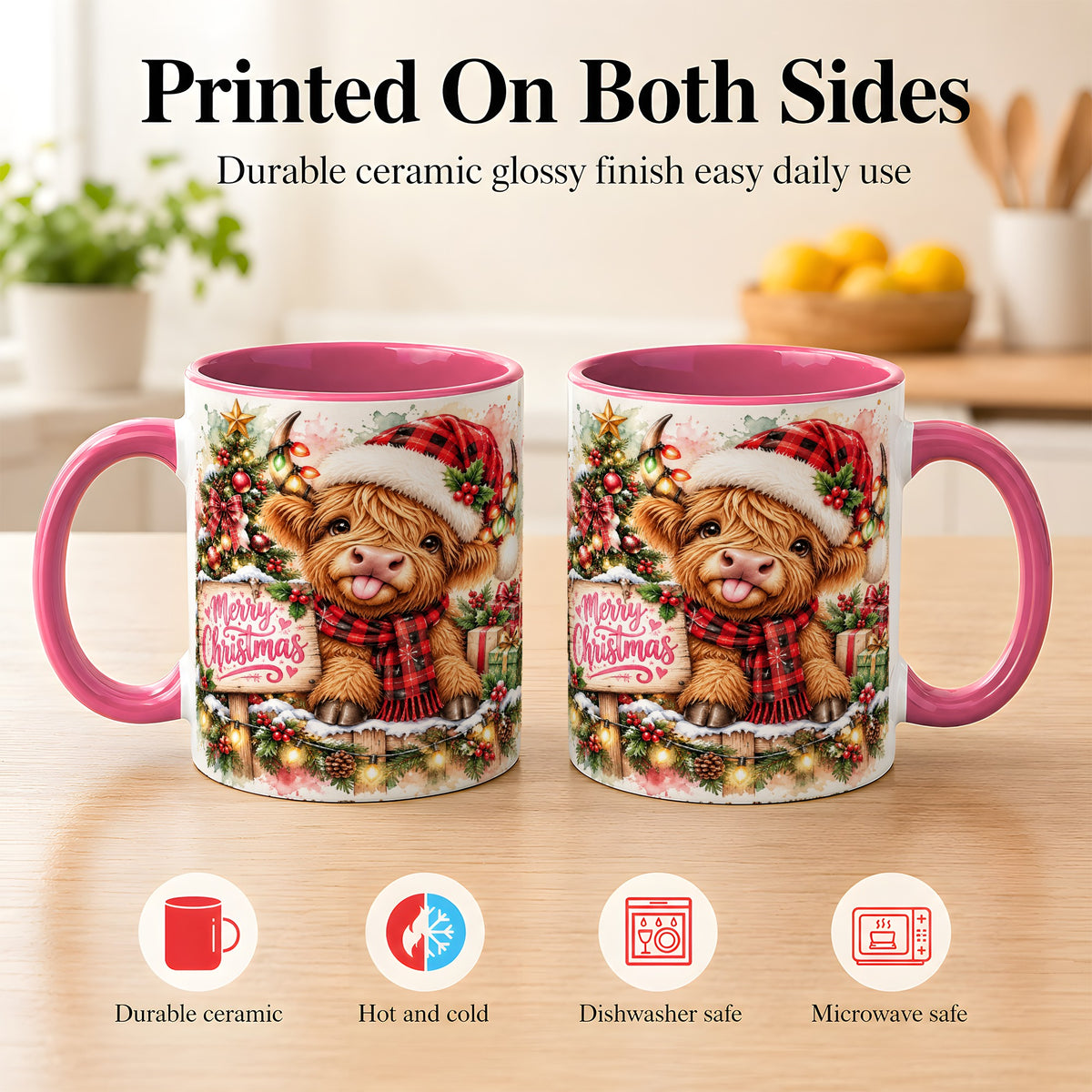 #pl[11oz|Pink] Watercolor Christmas Cow Coffee Mug, Highland Cow Mug, Ceramic Cup