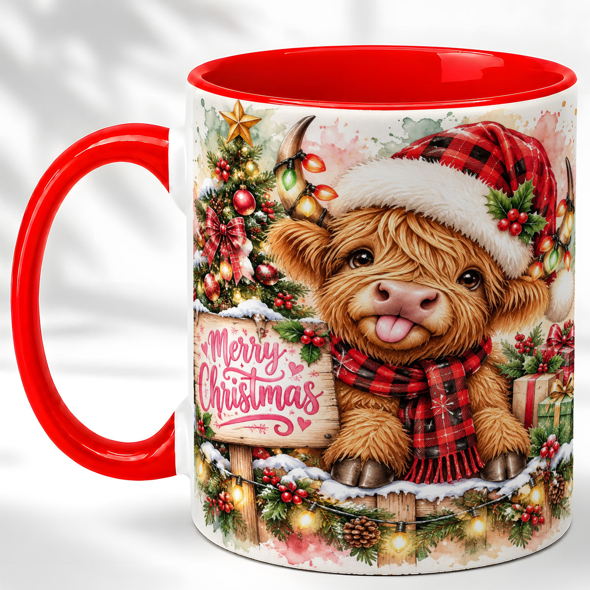 #pl[11oz|Red] Watercolor Christmas Cow Coffee Mug, Highland Cow Mug, Ceramic Cup