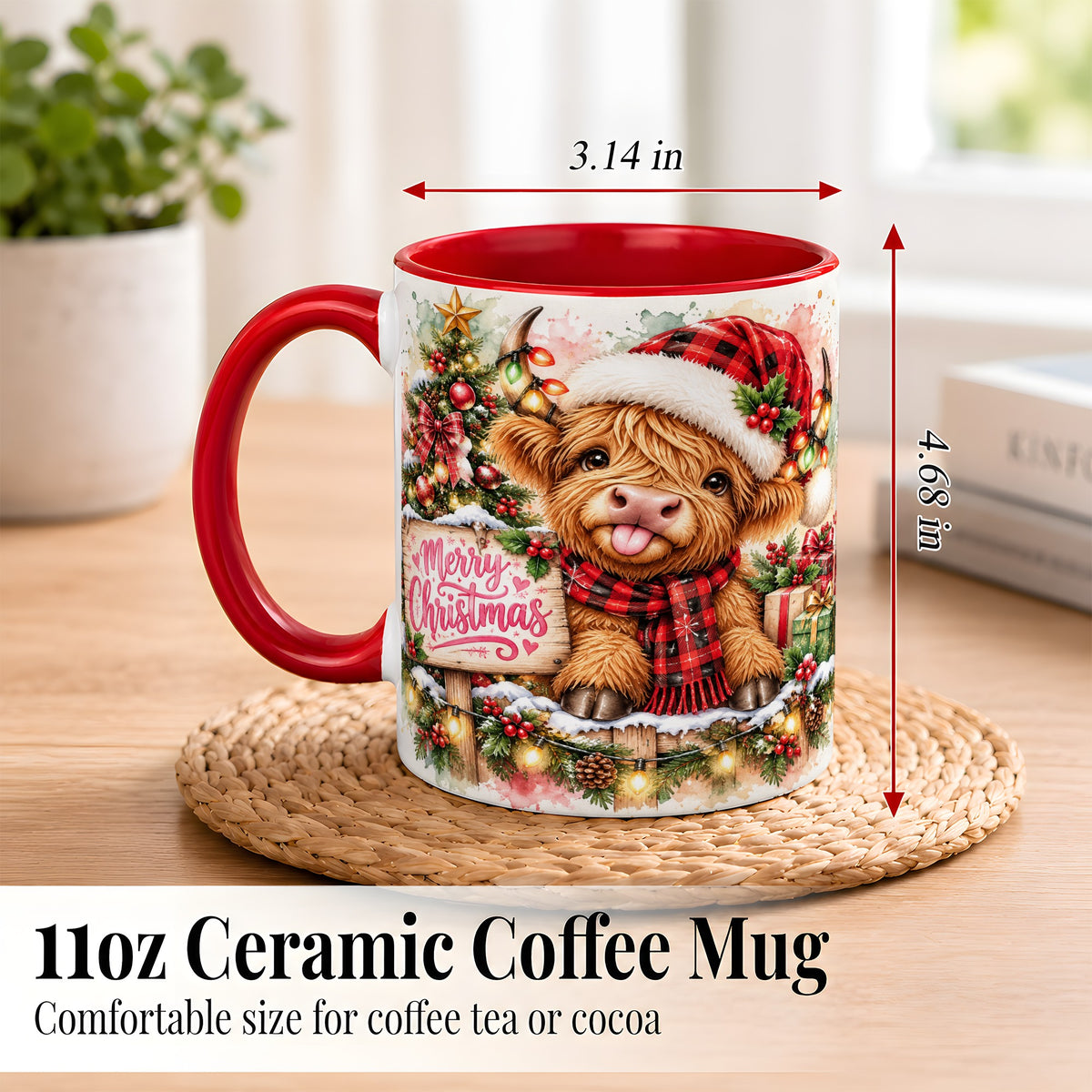 #pl[11oz|Red] Watercolor Christmas Cow Coffee Mug, Highland Cow Mug, Ceramic Cup