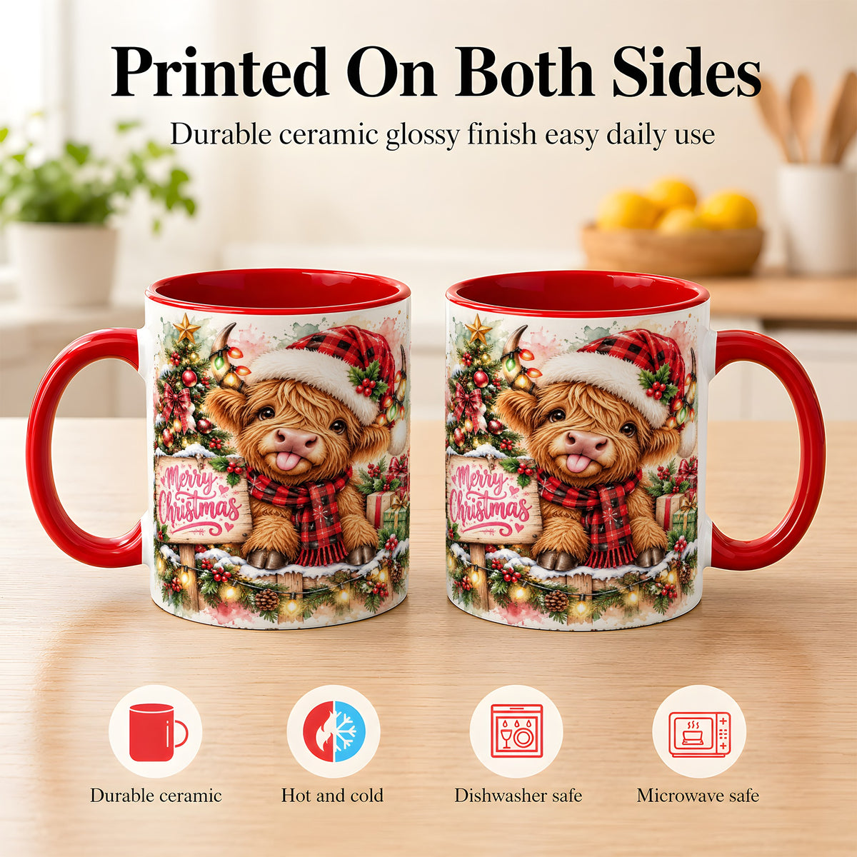 #pl[11oz|Red] Watercolor Christmas Cow Coffee Mug, Highland Cow Mug, Ceramic Cup