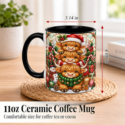 #pl[11oz|Black] Christmas Cow Family Coffee Mug, Stained Glass Style Mug, Ceramic Cup