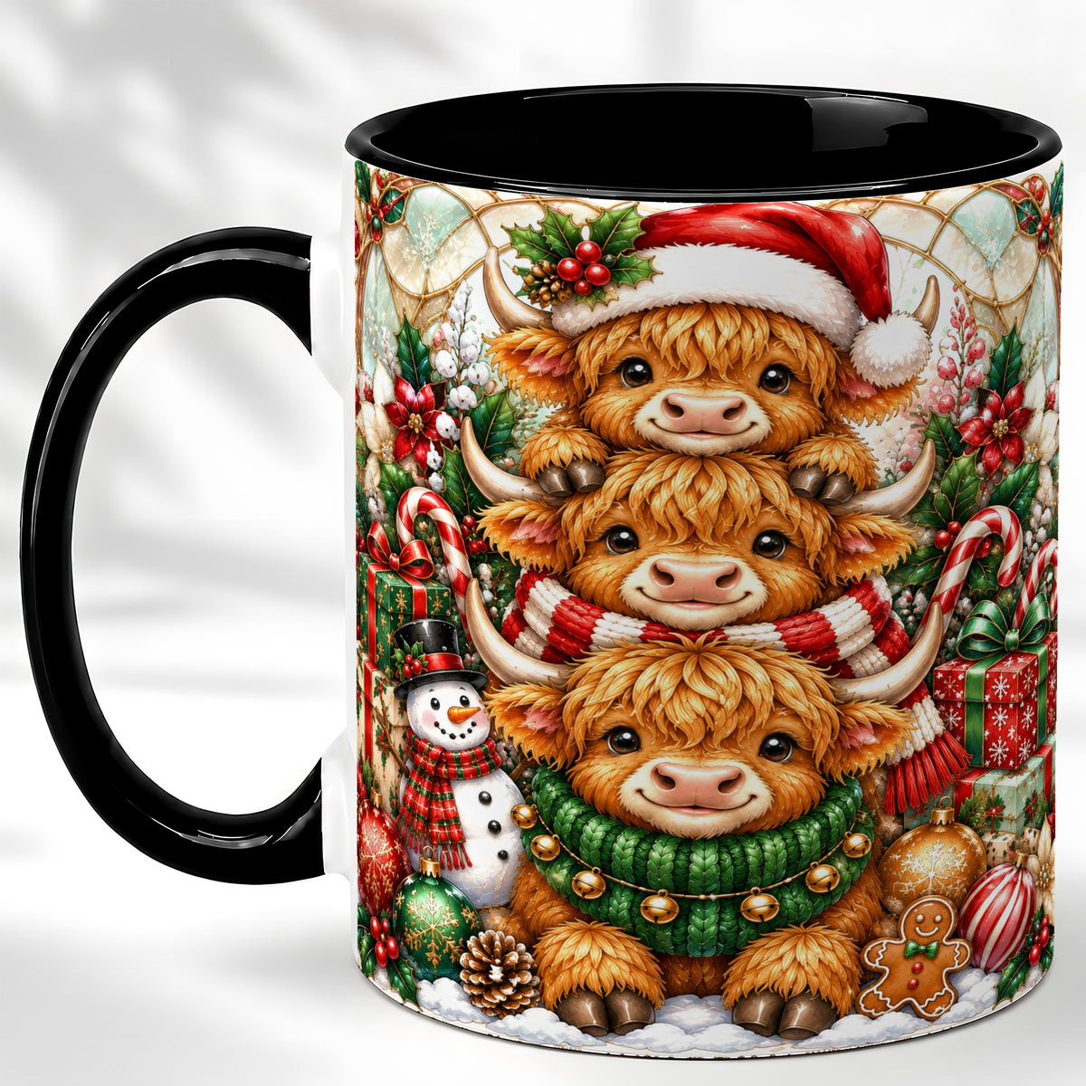 #pl[11oz|Black] Christmas Cow Family Coffee Mug, Stained Glass Style Mug, Ceramic Cup
