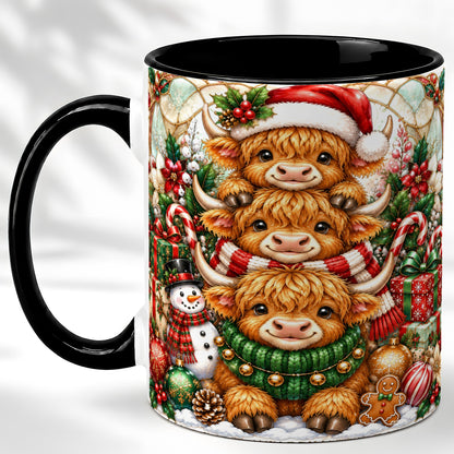 #pl[11oz|Black] Christmas Cow Family Coffee Mug, Stained Glass Style Mug, Ceramic Cup