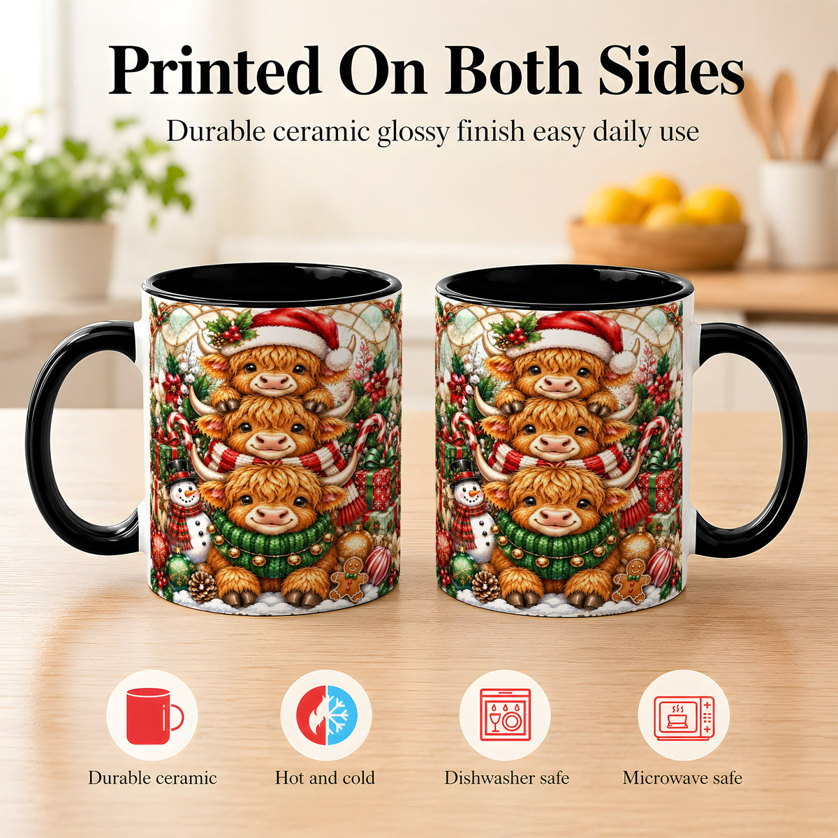#pl[11oz|Black] Christmas Cow Family Coffee Mug, Stained Glass Style Mug, Ceramic Cup