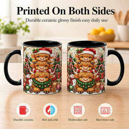 #pl[11oz|Black] Christmas Cow Family Coffee Mug, Stained Glass Style Mug, Ceramic Cup