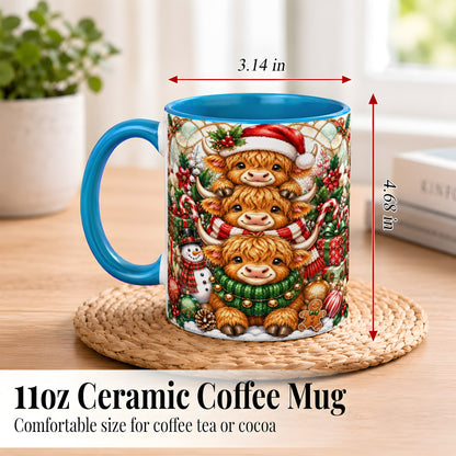 #pl[11oz|Blue] Christmas Cow Family Coffee Mug, Stained Glass Style Mug, Ceramic Cup