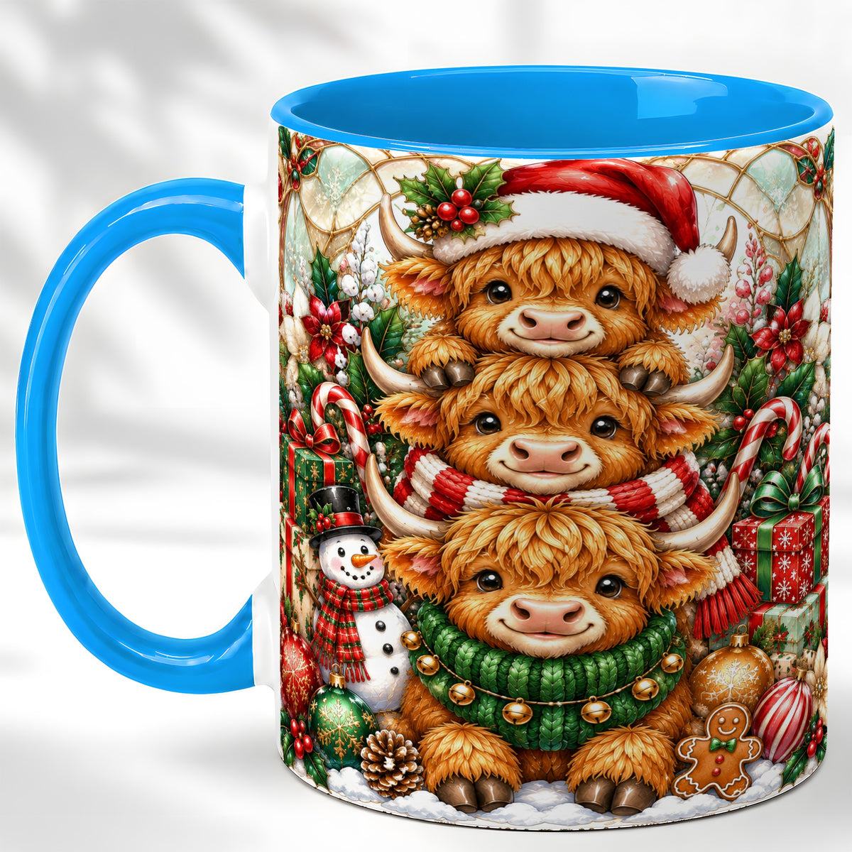 #pl[11oz|Blue] Christmas Cow Family Coffee Mug, Stained Glass Style Mug, Ceramic Cup
