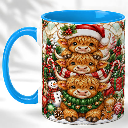 #pl[11oz|Blue] Christmas Cow Family Coffee Mug, Stained Glass Style Mug, Ceramic Cup