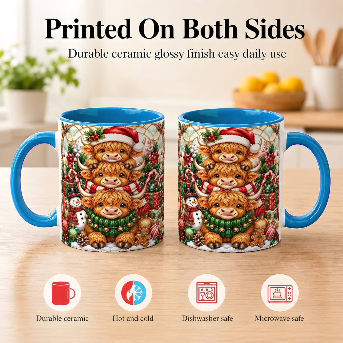 #pl[11oz|Blue] Christmas Cow Family Coffee Mug, Stained Glass Style Mug, Ceramic Cup