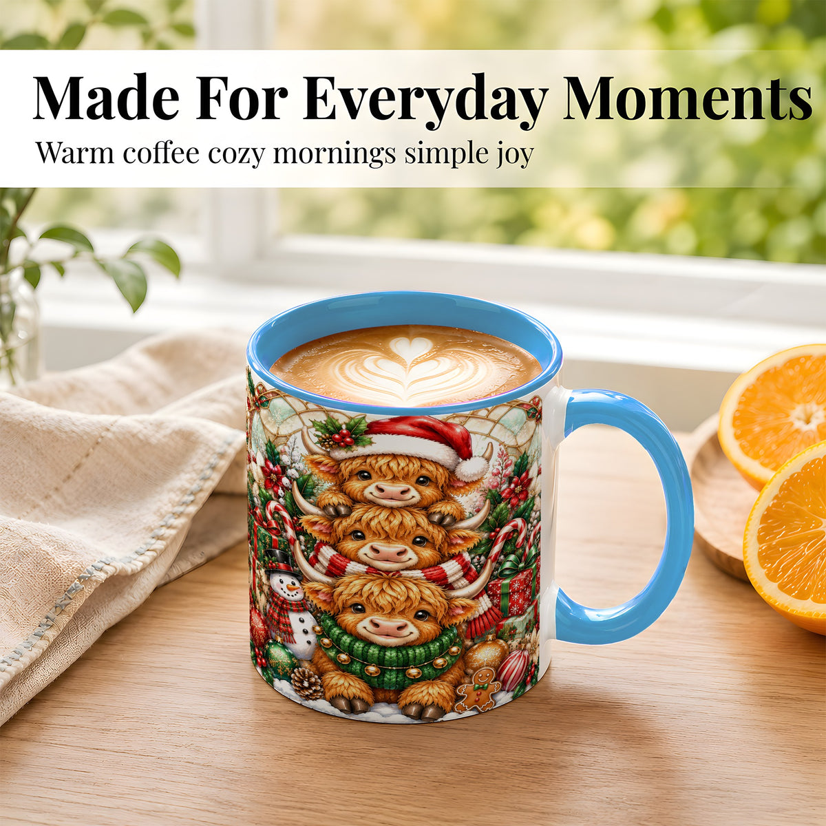 #pl[11oz|Blue] Christmas Cow Family Coffee Mug, Stained Glass Style Mug, Ceramic Cup