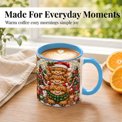 #pl[11oz|Blue] Christmas Cow Family Coffee Mug, Stained Glass Style Mug, Ceramic Cup