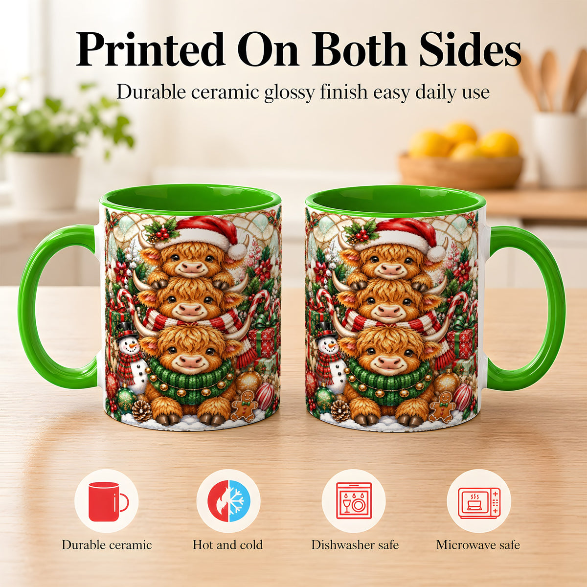#pl[11oz|Green] Christmas Cow Family Coffee Mug, Stained Glass Style Mug, Ceramic Cup