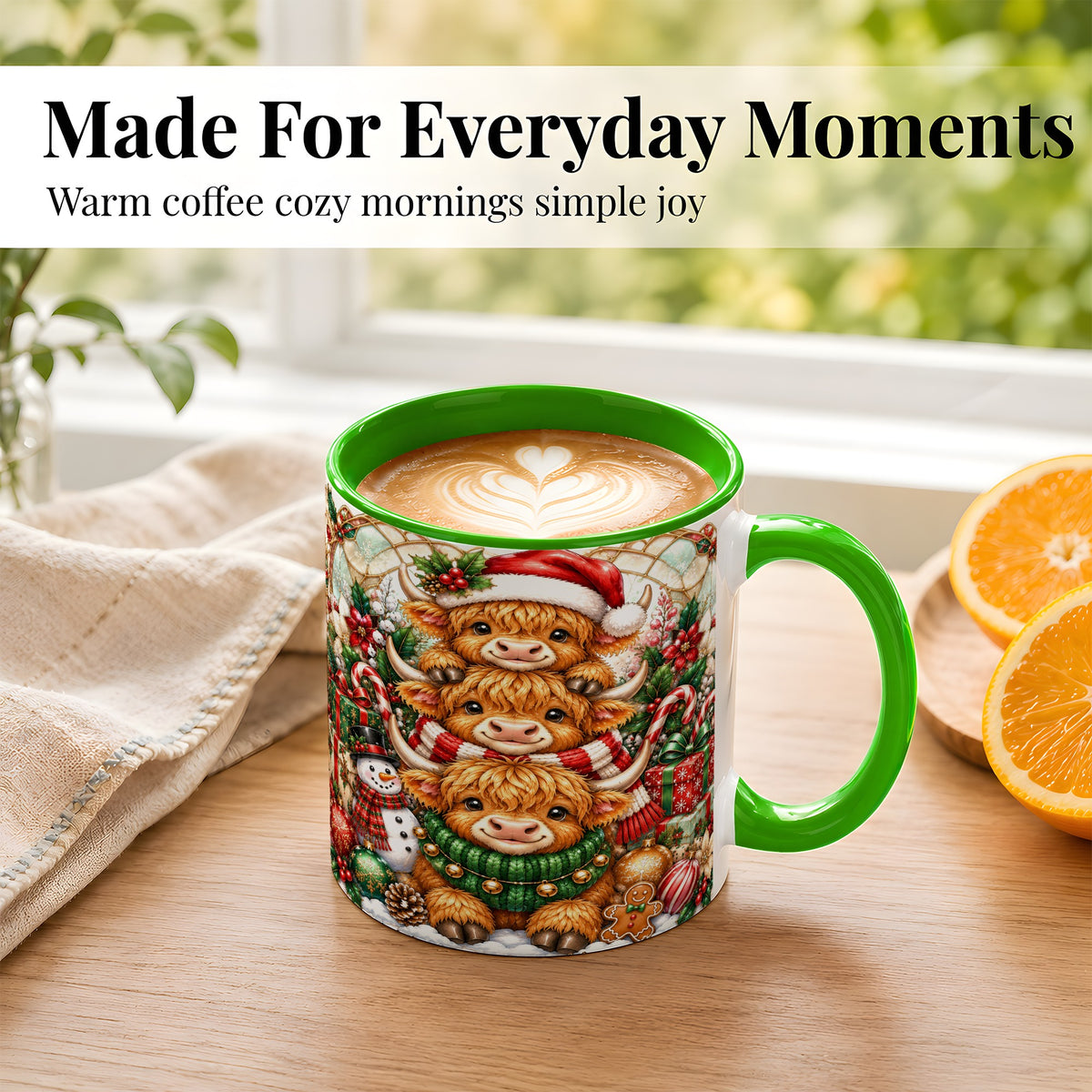 #pl[11oz|Green] Christmas Cow Family Coffee Mug, Stained Glass Style Mug, Ceramic Cup