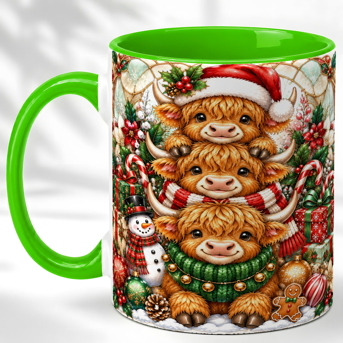 #pl[11oz|Green] Christmas Cow Family Coffee Mug, Stained Glass Style Mug, Ceramic Cup