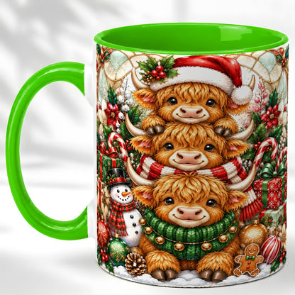 #pl[11oz|Green] Christmas Cow Family Coffee Mug, Stained Glass Style Mug, Ceramic Cup