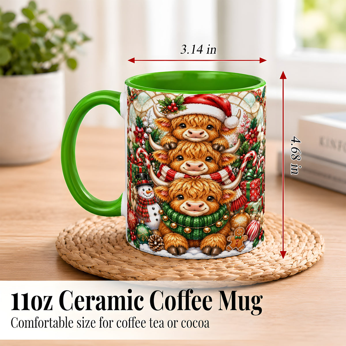 #pl[11oz|Green] Christmas Cow Family Coffee Mug, Stained Glass Style Mug, Ceramic Cup