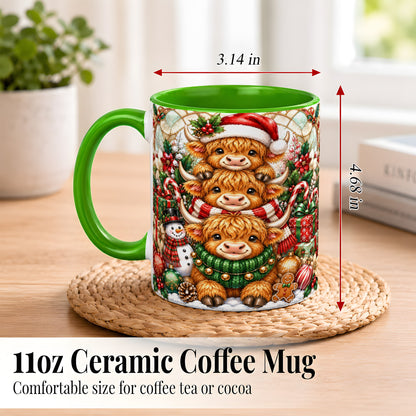 #pl[11oz|Green] Christmas Cow Family Coffee Mug, Stained Glass Style Mug, Ceramic Cup