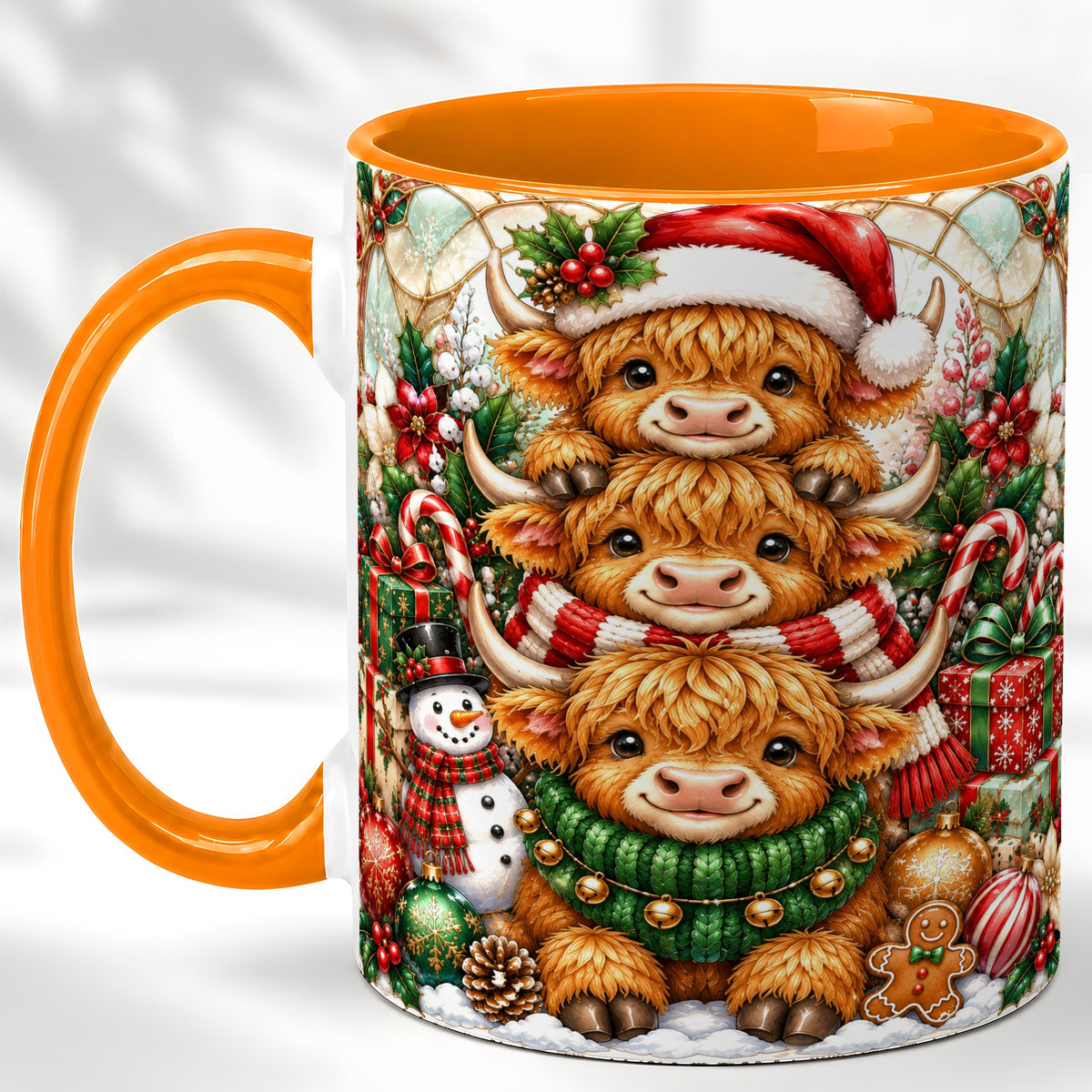 #pl[11oz|Orange] Christmas Cow Family Coffee Mug, Stained Glass Style Mug, Ceramic Cup