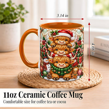 #pl[11oz|Orange] Christmas Cow Family Coffee Mug, Stained Glass Style Mug, Ceramic Cup
