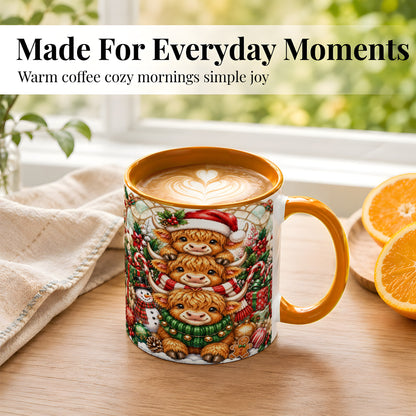#pl[11oz|Orange] Christmas Cow Family Coffee Mug, Stained Glass Style Mug, Ceramic Cup