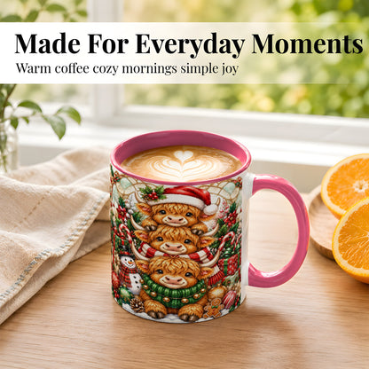#pl[11oz|Pink] Christmas Cow Family Coffee Mug, Stained Glass Style Mug, Ceramic Cup