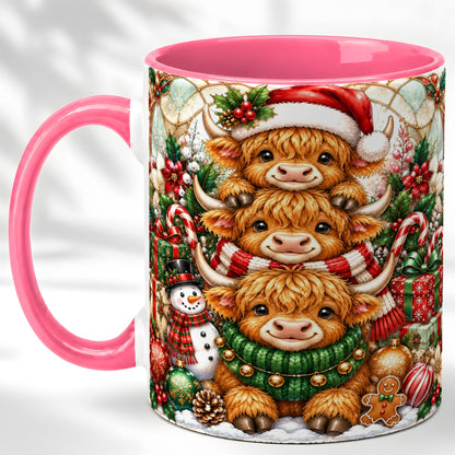 #pl[11oz|Pink] Christmas Cow Family Coffee Mug, Stained Glass Style Mug, Ceramic Cup