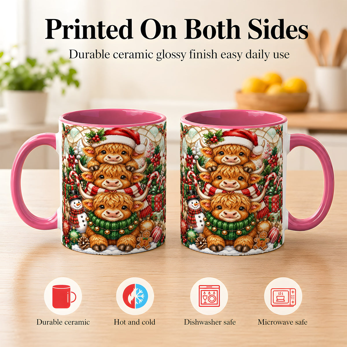#pl[11oz|Pink] Christmas Cow Family Coffee Mug, Stained Glass Style Mug, Ceramic Cup