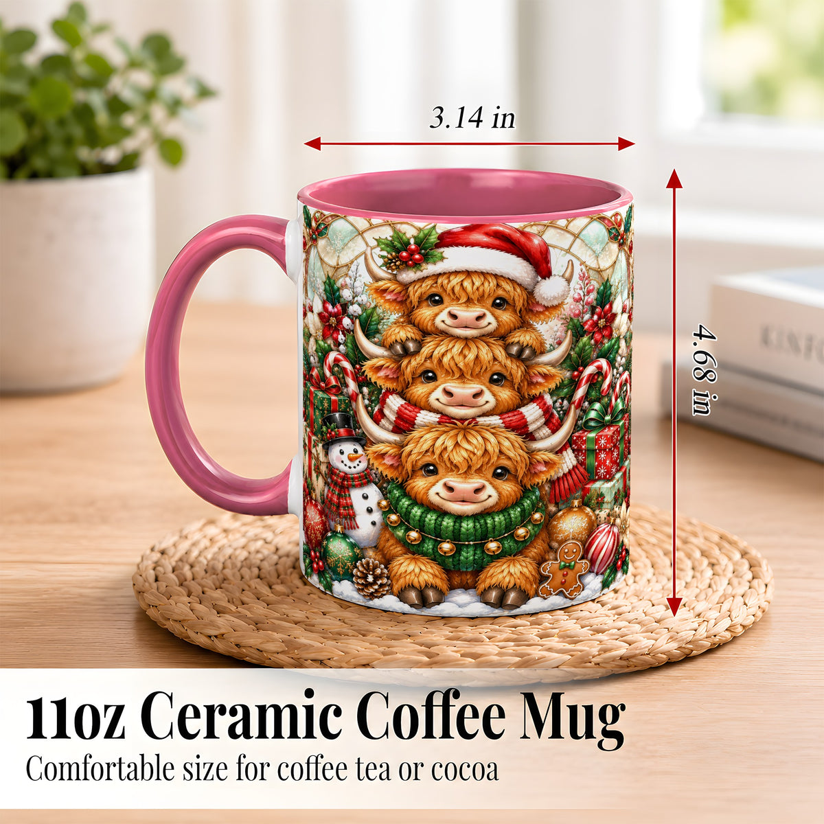 #pl[11oz|Pink] Christmas Cow Family Coffee Mug, Stained Glass Style Mug, Ceramic Cup