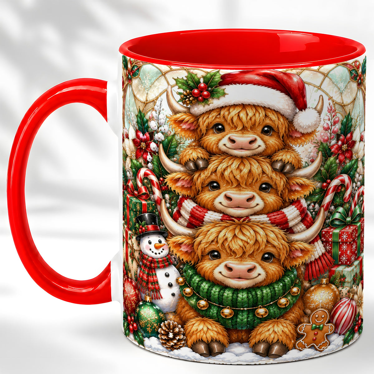 #pl[11oz|Red] Christmas Cow Family Coffee Mug, Stained Glass Style Mug, Ceramic Cup