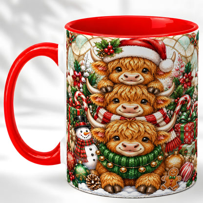 #pl[11oz|Red] Christmas Cow Family Coffee Mug, Stained Glass Style Mug, Ceramic Cup