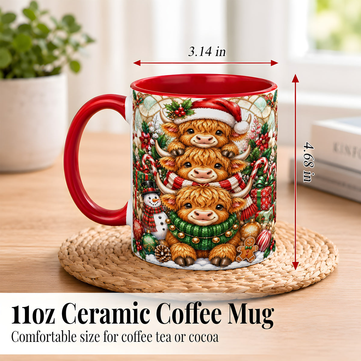 #pl[11oz|Red] Christmas Cow Family Coffee Mug, Stained Glass Style Mug, Ceramic Cup