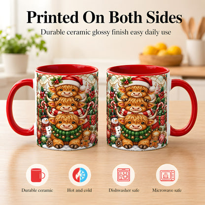 #pl[11oz|Red] Christmas Cow Family Coffee Mug, Stained Glass Style Mug, Ceramic Cup