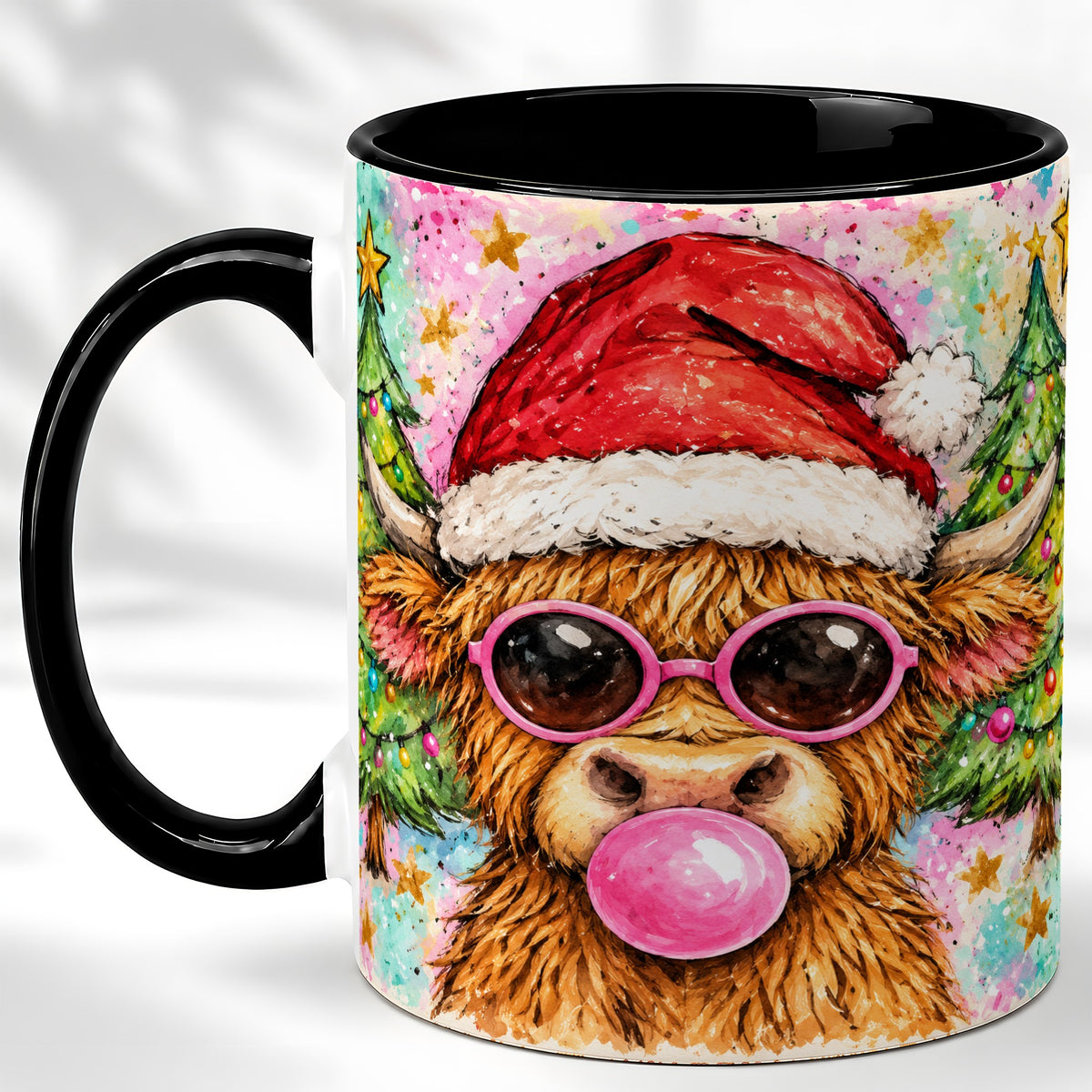 #pl[11oz|Black] Christmas Highland Cow Coffee Mug, Festive Cow Mug, Ceramic Cup