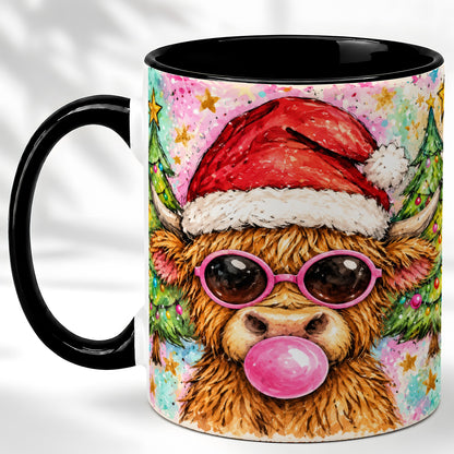 #pl[11oz|Black] Christmas Highland Cow Coffee Mug, Festive Cow Mug, Ceramic Cup