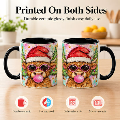 #pl[11oz|Black] Christmas Highland Cow Coffee Mug, Festive Cow Mug, Ceramic Cup