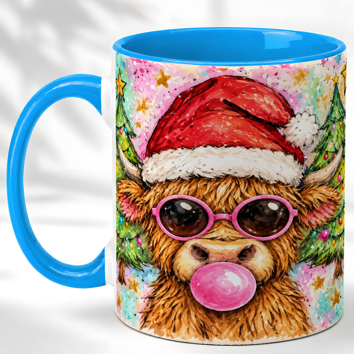 #pl[11oz|Blue] Christmas Highland Cow Coffee Mug, Festive Cow Mug, Ceramic Cup
