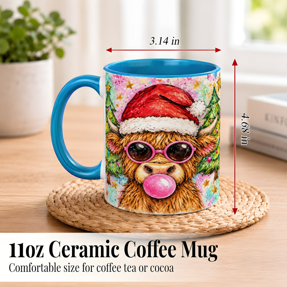 #pl[11oz|Blue] Christmas Highland Cow Coffee Mug, Festive Cow Mug, Ceramic Cup
