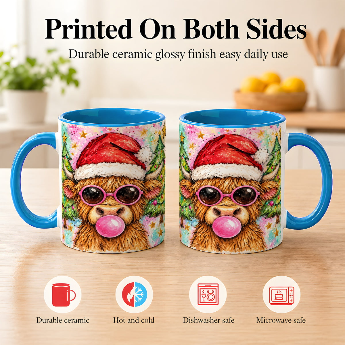 #pl[11oz|Blue] Christmas Highland Cow Coffee Mug, Festive Cow Mug, Ceramic Cup