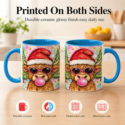 #pl[11oz|Blue] Christmas Highland Cow Coffee Mug, Festive Cow Mug, Ceramic Cup