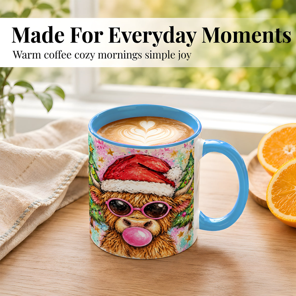 #pl[11oz|Blue] Christmas Highland Cow Coffee Mug, Festive Cow Mug, Ceramic Cup