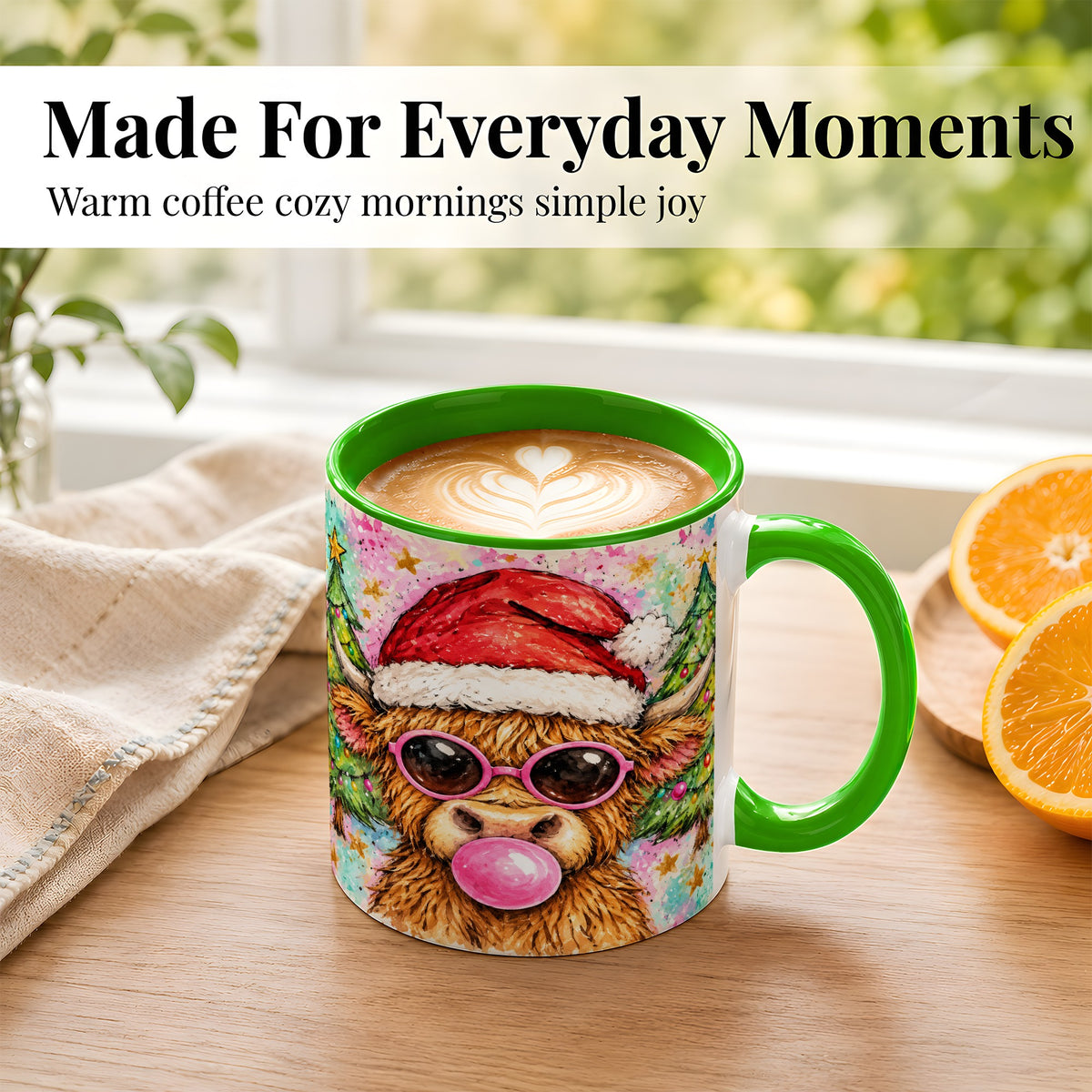 #pl[11oz|Green] Christmas Highland Cow Coffee Mug, Festive Cow Mug, Ceramic Cup