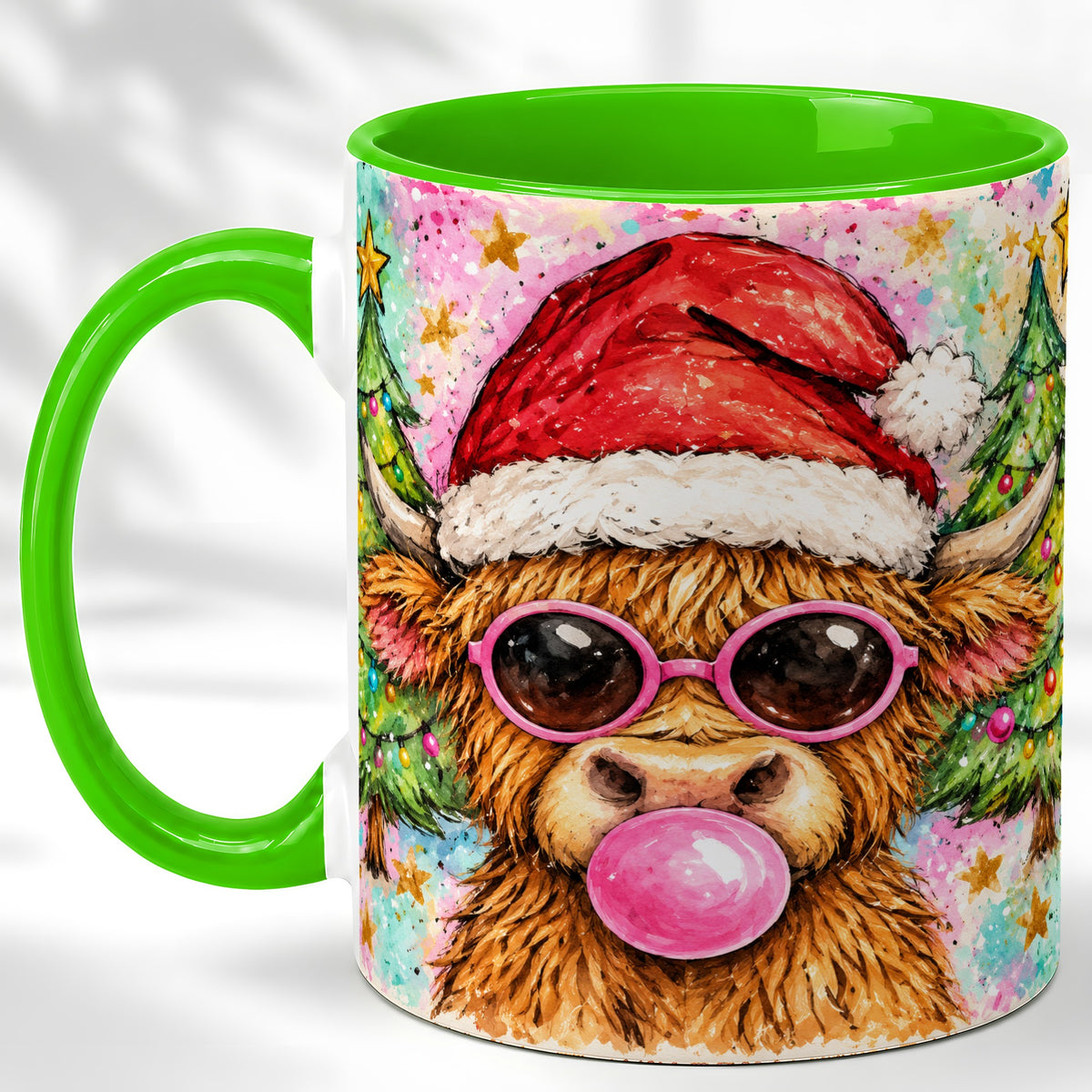 #pl[11oz|Green] Christmas Highland Cow Coffee Mug, Festive Cow Mug, Ceramic Cup