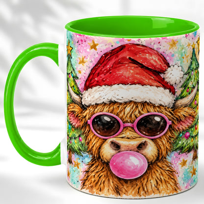 #pl[11oz|Green] Christmas Highland Cow Coffee Mug, Festive Cow Mug, Ceramic Cup