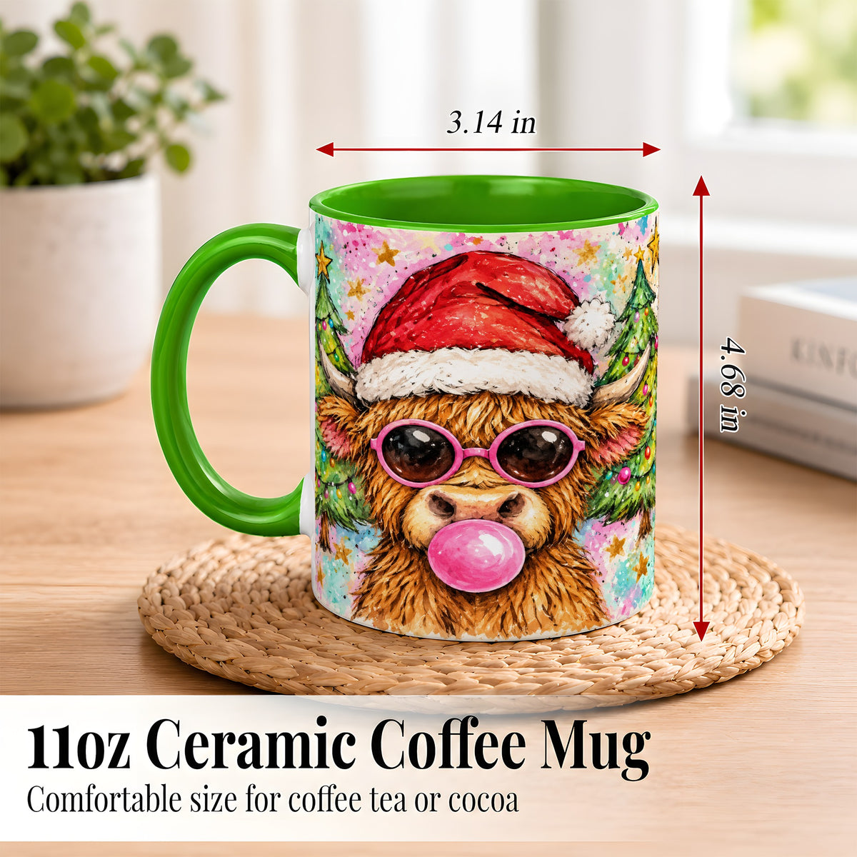 #pl[11oz|Green] Christmas Highland Cow Coffee Mug, Festive Cow Mug, Ceramic Cup