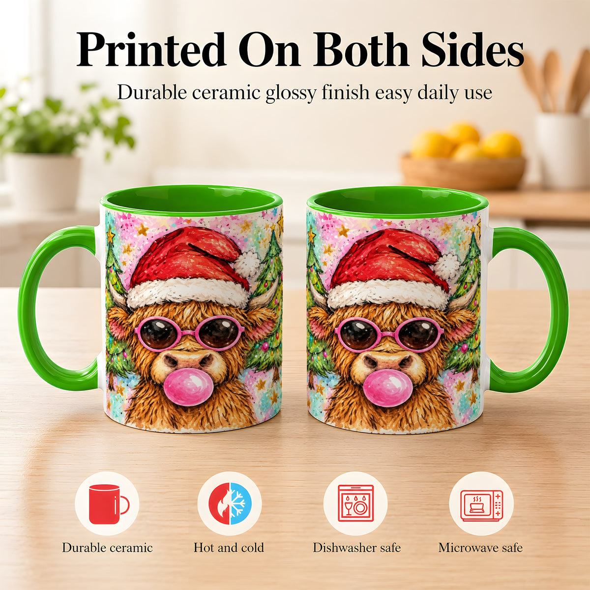 #pl[11oz|Green] Christmas Highland Cow Coffee Mug, Festive Cow Mug, Ceramic Cup