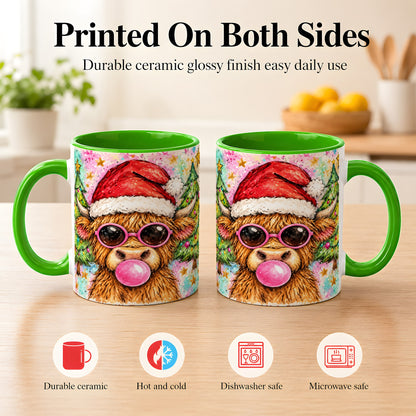 #pl[11oz|Green] Christmas Highland Cow Coffee Mug, Festive Cow Mug, Ceramic Cup