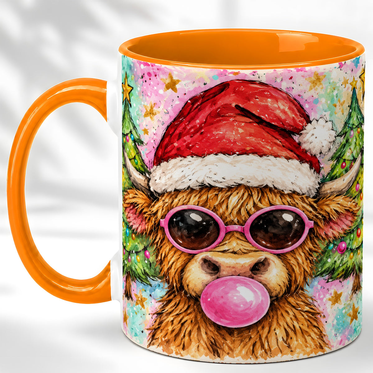 #pl[11oz|Orange] Christmas Highland Cow Coffee Mug, Festive Cow Mug, Ceramic Cup